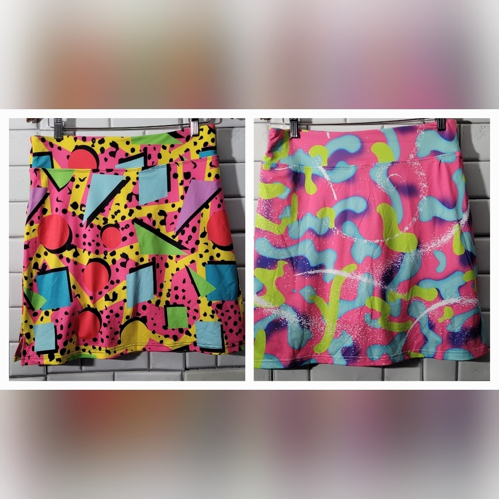 Ladies Lot Of 2 Athletic Skorts Bright Whimsical Color Block Fuschia Green Blue